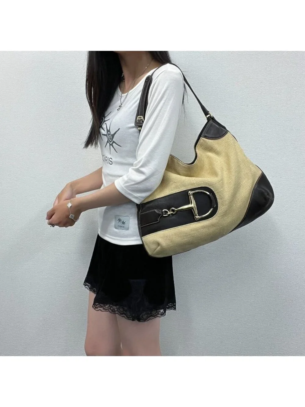 Gucci Horsebit Canvas Hobo Shoulder Bag Beige Brown Gold Vintage